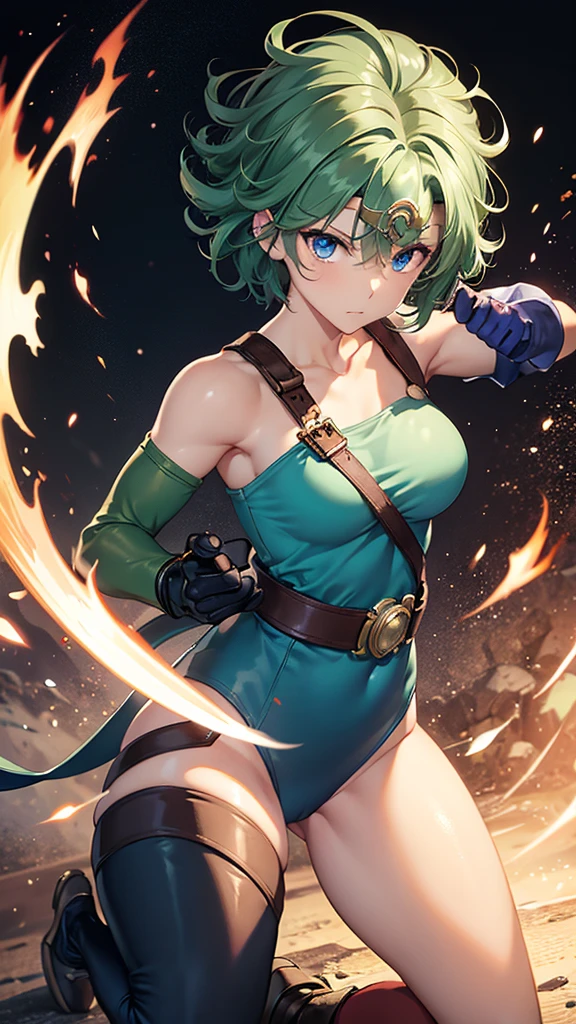 Animation worksAnimation worksMasterpieces,largely、high quality, Unreal Engine, Ultra-high resolution, Very detailed丸い胸, Medium Bust 1 person, Waist, thin,(Muscular:0.9)
actress,
ring, curl, Green Hair, short hair, Asymmetrical clothing, tights, sash, One-handed gloves, One Sleeve, Thigh-high holes, Holding a sword, . Anime Style, Key Point, Energetic, Studio Anime, Very detailed、 My life is about to end. Broken equipment. On one knee. Under enemy attack.The tights is torn to pieces.、There is a wound on the arm、the presence of wounds on the chest、There is a wound on the abdomen、There are wounds on the legs、Bleeding from the wound