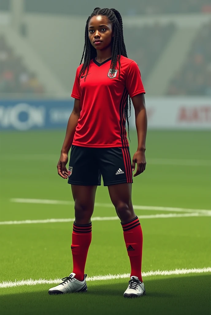 a black age female soccer player in a red and black uniform