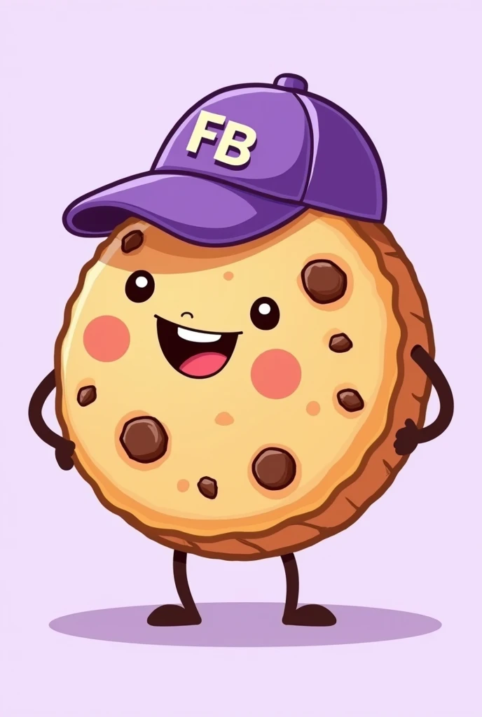 Full body cookie illustration type that is pretty, that is happy and has chocolate chips, that has a purple cap that says FB in capital letters and has a light purple background