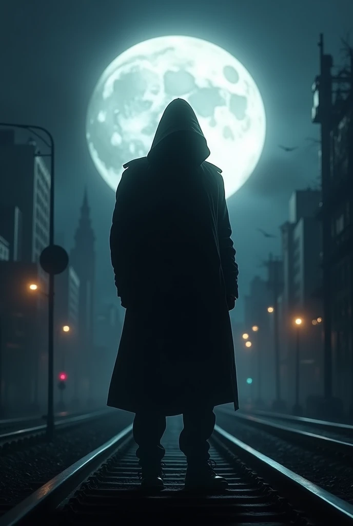 Man in the dark with the moon shining behind him in the city over the train tracks 