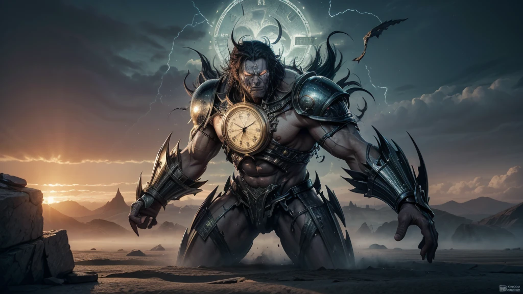 Design a detailed, high-resolution image of Cronos, the Titan of Time, where his colossal form is seamlessly integrated with elements of time. His body is made of shifting sands, clock gears, and cracked stone, with ancient runes glowing faintly on his skin. His face is partially hidden behind a cracked mask, and from his hands, tendrils of time flow like liquid, manipulating the past, present, and future. The environment around him should depict a shattered, timeless landscape, filled with broken clocks and swirling mist