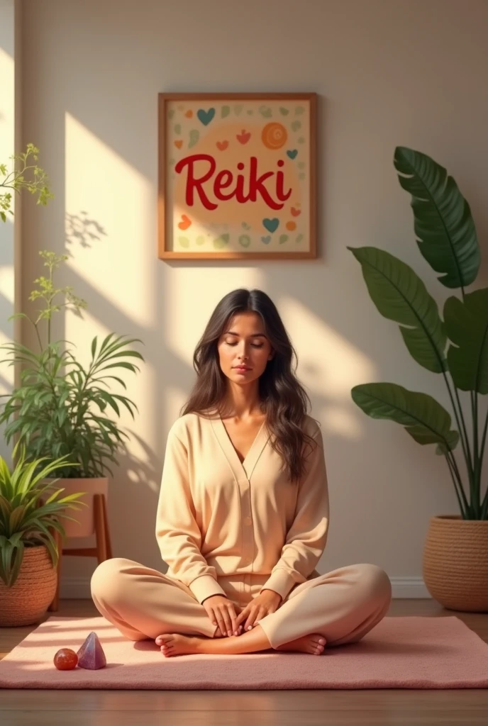 Brazilian Reiki therapist in her office with a cheerful picture on the wall that says Reiki