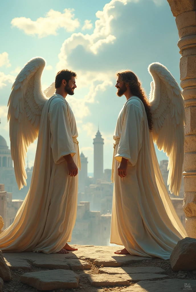 Create an intriguing and engaging scene with two wingless male angels, dressed in all-white clothing, talking to Lot in an environment that mixes heavenly and earthly elements. The setting should be a stunning landscape that mixes the tranquility of the sky with the earthy environment of an ancient city. The angels must be represented with a serene aura and an expression of wisdom, while interacting with Lot, who appears to be confused and curious. Focus on capturing the atmosphere of an important and otherworldly conversation, with the angels conveying a sense of calm and authority, and Lot demonstrating a mix of respect and concern. The conversation must be loaded with meaning and depth, with the angels addressing a crucial topic that affects the destiny of Lot and his city. Use close-ups to show facial expressions and interactions between characters, and lighting effects to highlight the difference between the heavenly and earthly worlds. The goal is to create a scene that conveys the gravity of the message and the importance of meeting hyper-realistic 8k images.