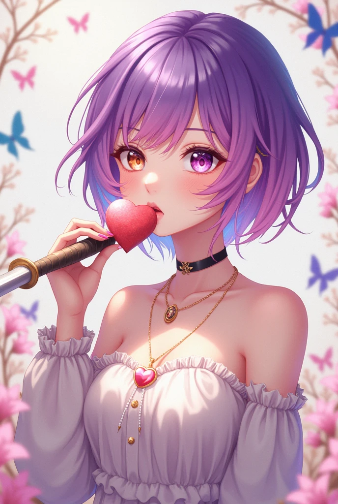 Full-body image, Highest quality possible, Greatest possible realism, delicate and feminine femboy, her hair is half purple and half pink, Her skin is white and delicate, under your skin is a golden, shiny powder, their eyes are different colors each one has a different color, he is cheerful and loves butterflies and flowers, wears a heart necklace and choker, he is elegant and has noble origins, he also loves swords and eating sweets, is always taking both things.