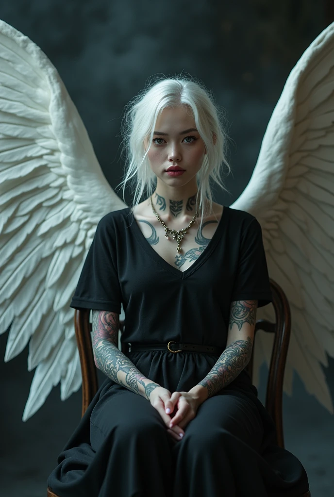 Young lady white hair perfect body setting on the chair and have tattoos with black t-shirt and necklace like a fairy face smooth skin pink lips and dark smoke background and big wings of an angel 
