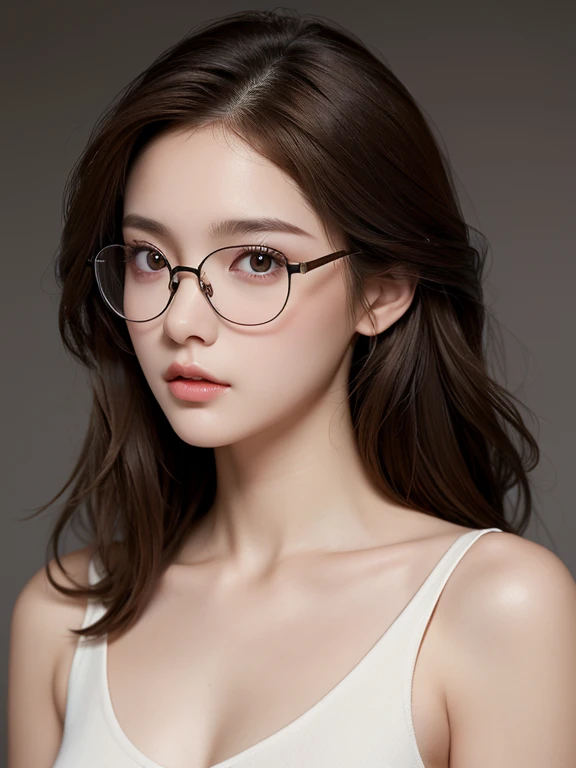 (Highest quality), One person, woman, Porcelain-like skin, Brown Hair, Medium Hair, Disheveled Hair, Brown eyes, Perfect Eyes, Glasses, masterpiece, Anatomically correct, High resolution
