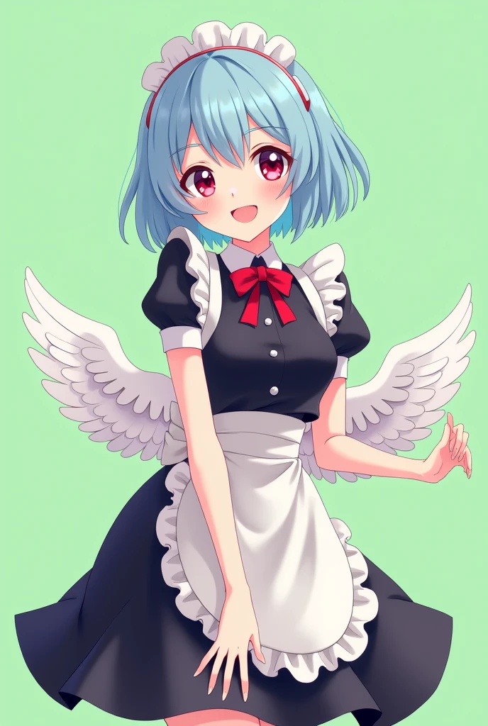 Maid cafe maid with short blue hair, Red eyes, a sensual and happy expression, age range between 18 and 26 years, with angel wings, black uniform, anime style completely in 2D, with pastel colors, with a completely flat and green background