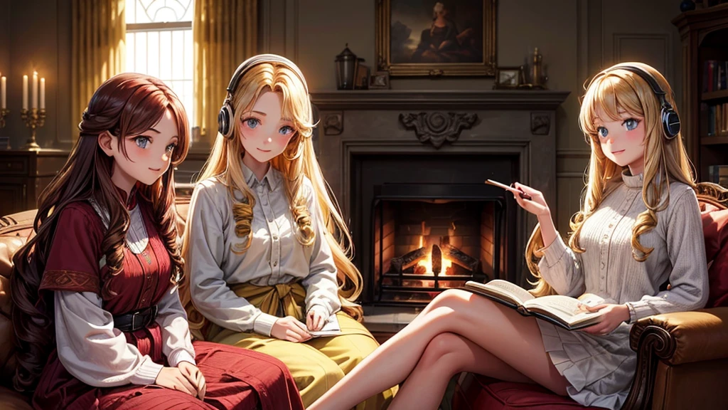 A 22 year old girl with long blonde hair. His 12 year old sister with long dark red hair. Together studying in a cozy living room next to the fireplace. In the background there is an impeccable decoration worthy of an English mansion. Their outgoing smiles and radiant honey eyes reflect youthful joy. Her wavy hair cascades down to her waist, shining in the natural light of the fireplace. Wearing casual chick clothes, they are sitting on a huge and beautiful sofa. His eyes are bright, his lips parted revealing his surprise at the landscape of his immense house, personifying the innocence of his age. On their heads are two headphones filled with lights that reflect their lofi style of being.