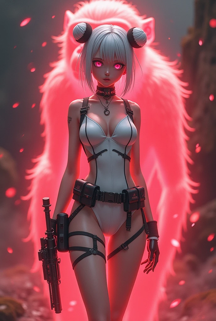 Monkey Background
、Pink Eyes、Monkey Background、Combat Arms、Ghost of a monkeyのオーラが背景、Pink Eyesにお団子ツインヘアー、A beautiful girl in a white one-piece dress and combat gear is surrounded by a red monkey aura in the background.、Full image of the girl、Smaller breasts、Ghost of a monkey、Ghost of a monkey