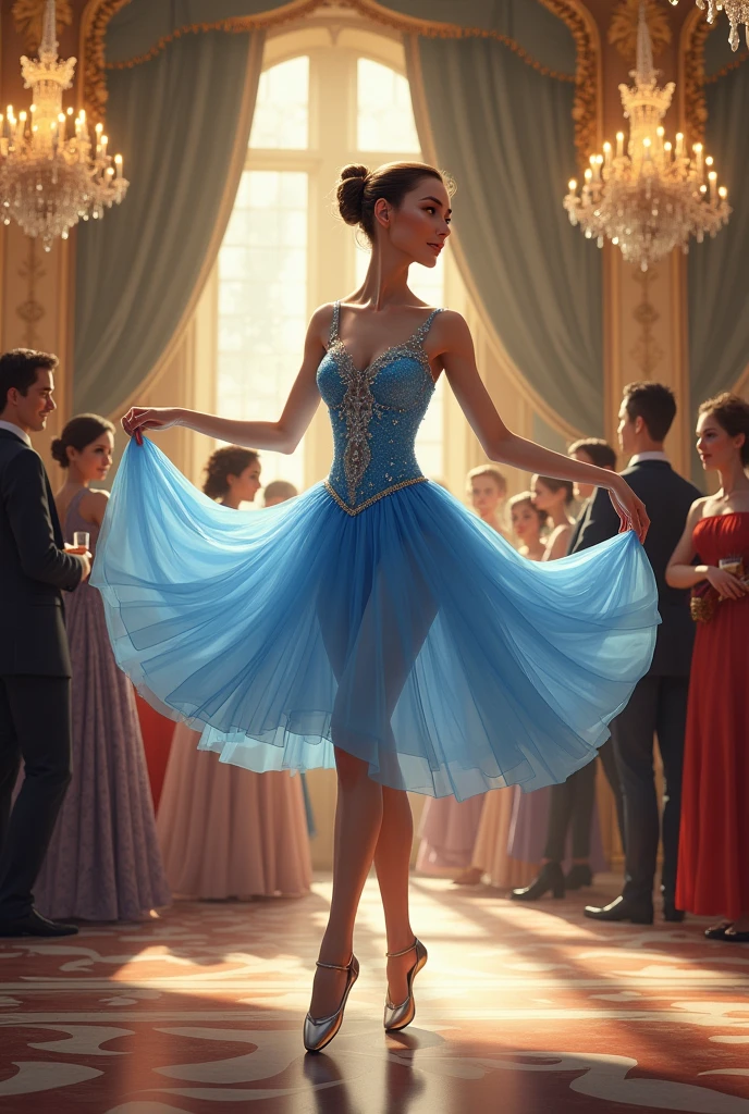 Make a 2D image where there is a ballerina in blue at a court ball