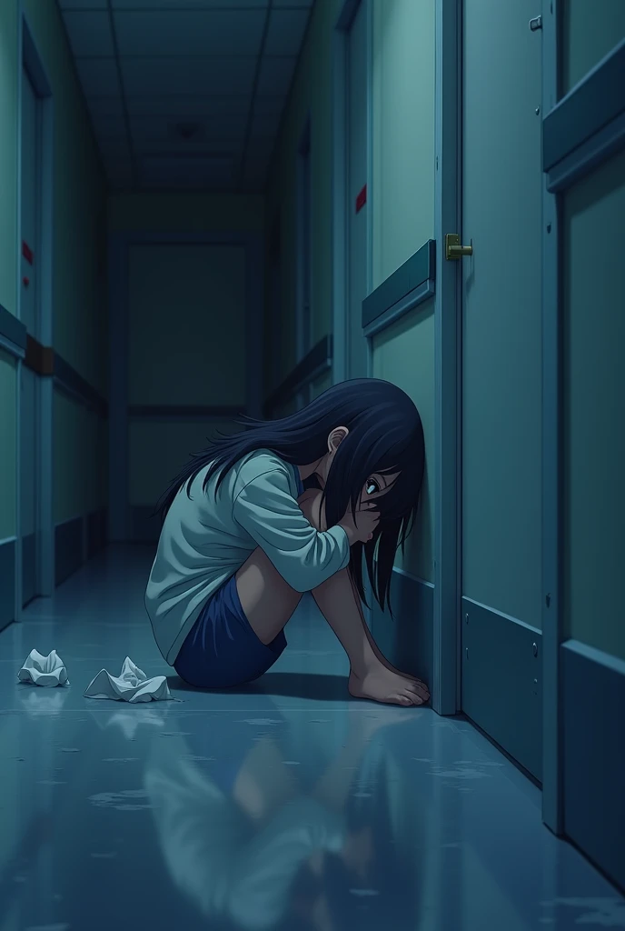 "Create an anime-style image featuring a young girl sitting alone on a cold, sterile hospital corridor floor. Her posture is fragile, with her knees drawn close to her chest, arms wrapped around them, and her head slightly bowed. Her long, dark hair partially obscures her face, but her visible eye reflects deep sorrow and hopelessness. The hospital corridor is dimly lit with cold, bluish tones, emphasizing the eerie silence and isolation. The walls are lined with closed doors, casting long shadows that creep toward the girl, symbolizing the encroaching darkness of her emotional state. Small details, such as crumpled tissues beside her and a faint reflection on the polished floor, add depth to the scene, capturing the overwhelming grief and despair following a tragic event."