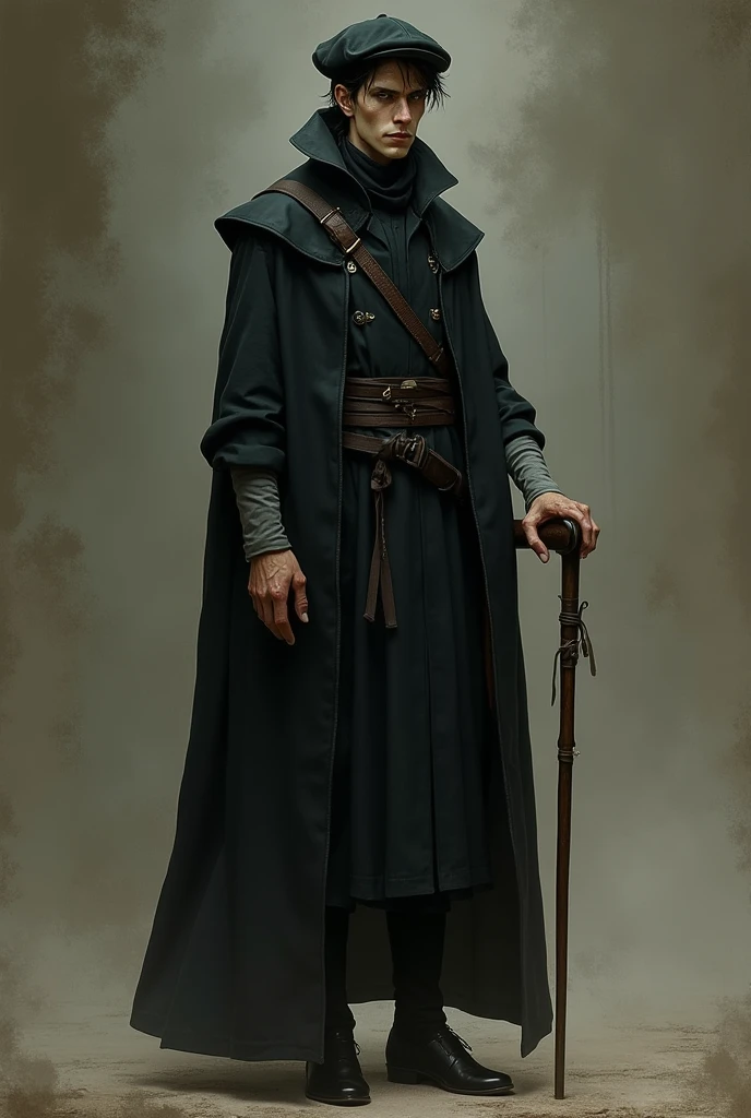 Tall man with short black hair, with dark eyes with a distant look, of not very white skin, Catrin dress, with a cane, hat and a cape with a scar on his hand and part of his arm.
