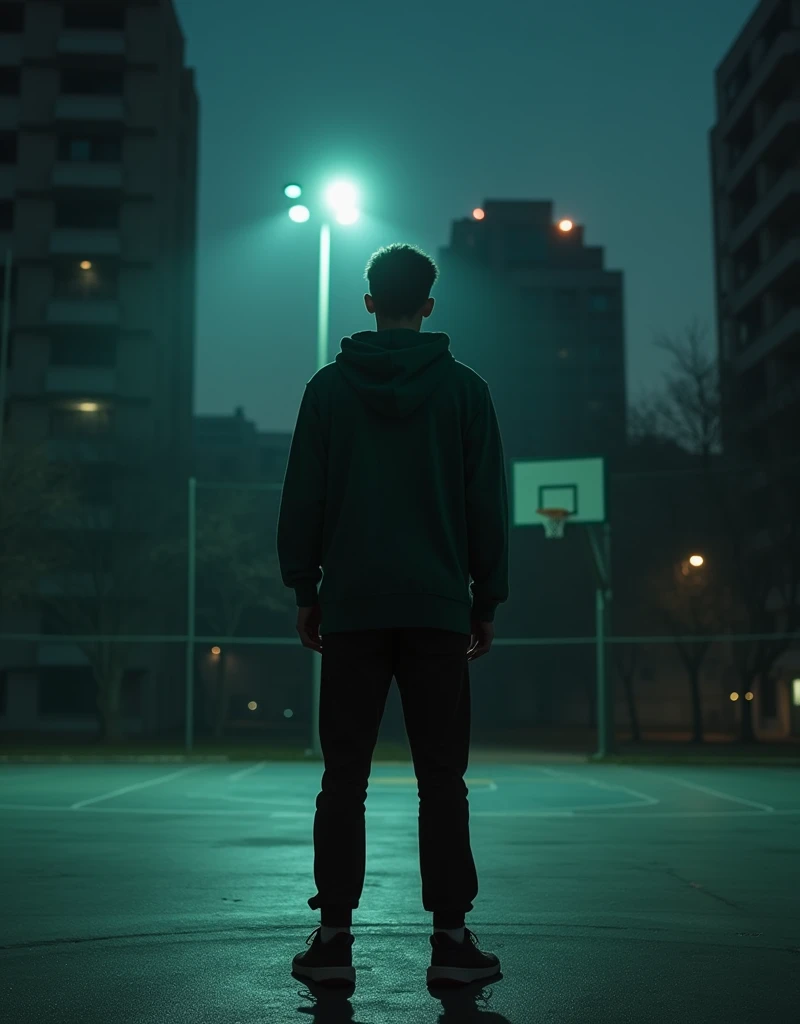 Adult boy from behind on a basketball court at night, with a dark green oversize.