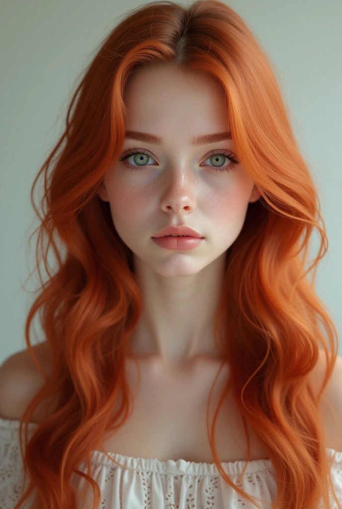 Girl, green eyes, inocent face, cute face, long hair, beautiful, [[realistic girl]], symmetrical face, photorealistic, red-haired girl, cute girl, 16 years, kawaii rusian, realistic, triangular face  , adolescent girl [[realistic]]