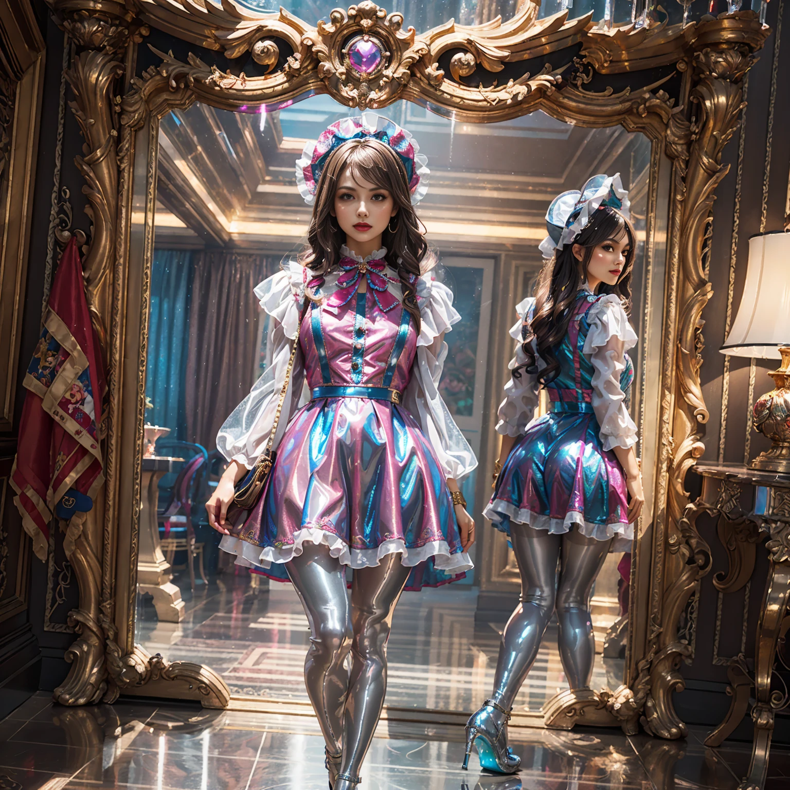 Model figure, long-legged woman, A woman in a luxurious and elaborate lolita dress, wearing lolita mary jane shoes with ornate details, patterned tights, (Glossy Reflecting collection), (Glossy Reflecting collection), (Oily shiny)), (Metallic clothes), (Metallic dress), (Metallic tights):1.2),standing on a snowy mountain, with reflective skin and reflective clothing, venusbody, full body shot, ray tracing, reflection light, chiaroscuro, UHD, masterpiece, anatomically correct, textured skin, super detail, high quality, 4K, highres