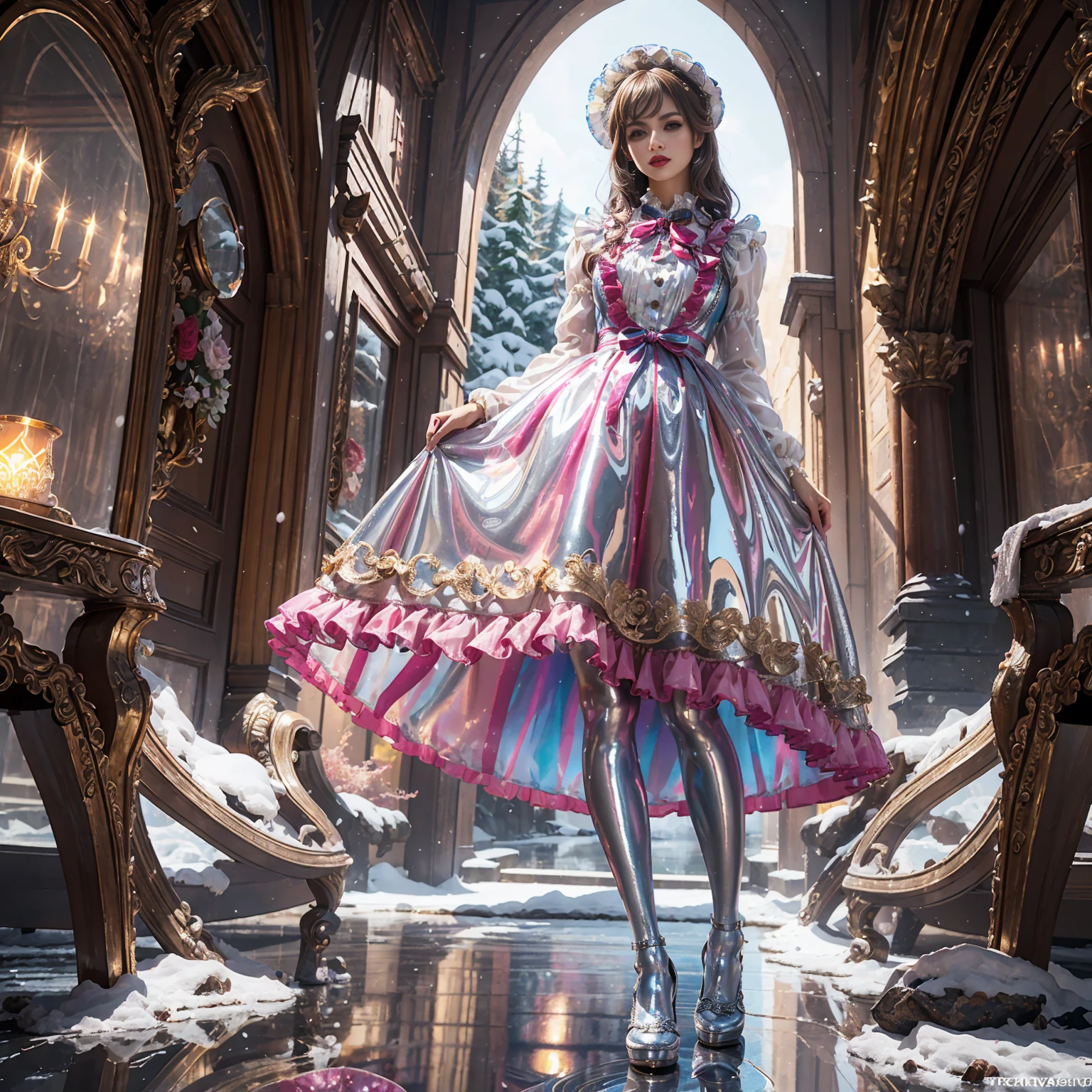 Model figure, long-legged woman, A woman in a luxurious and elaborate lolita dress, wearing lolita mary jane shoes with ornate details, patterned tights, (Glossy Reflecting collection), (Glossy Reflecting collection), (Oily shiny)), (Metallic clothes), (Metallic dress), (Metallic tights):1.2),standing on a snowy mountain, with reflective skin and reflective clothing, venusbody, full body shot, ray tracing, reflection light, chiaroscuro, UHD, masterpiece, anatomically correct, textured skin, super detail, high quality, 4K, highres