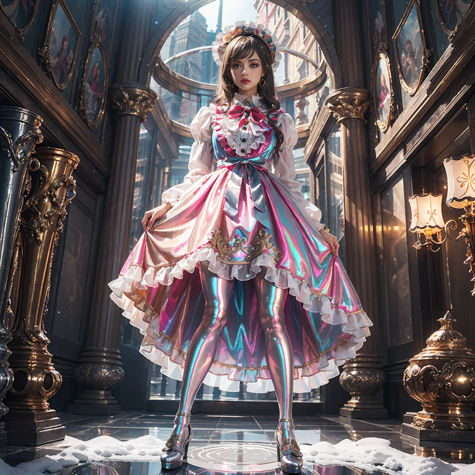 ,highest quality, masterpiece, Highest Resolution, artwork, super それにGet used to it, many Get used to it, Get used to it, それにGet used to it, ,,((10-year-old girl)),Super detailed baby face,Princess、Full-length ball gown dress with hoop skirt,Frilled yoke collar,Ribbon woven on chest,Puff sleeves,Long sleeve,((Lolita style hot pink detailed princess satin dress、Lots of frills and ribbons。)),crazy'Colorful Fashion,Shiny silk satin dress,Soft and smooth silk satin fabric,luxury,Long blonde hair,blue eyes,White skin European,pajamas,((Inside the palace)),Happy dancing princess,Gorgeous flowing dress,Fine white ruffles and lace,