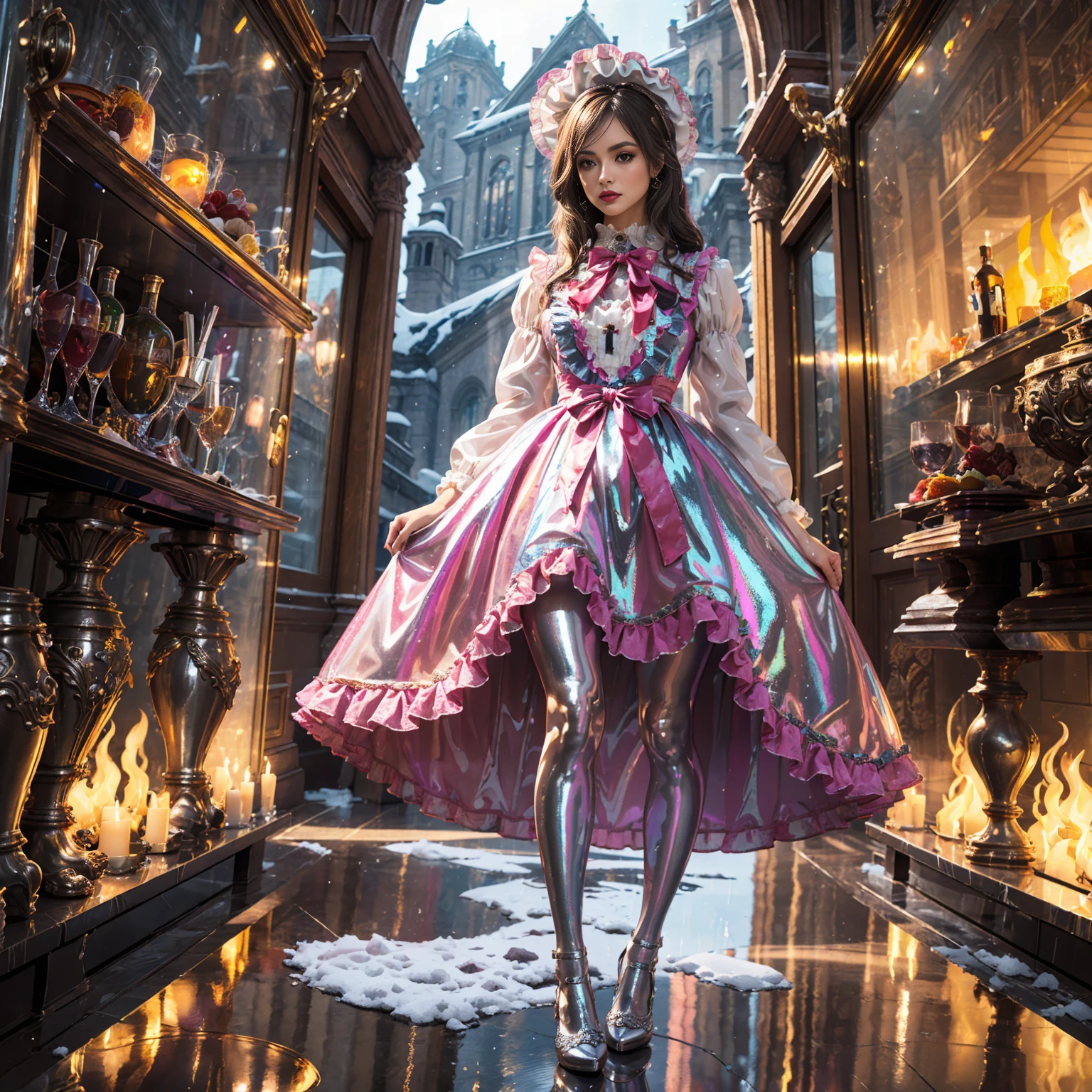 Model figure, long-legged woman, A woman in a luxurious and elaborate ****ta dress, wearing ****ta mary jane shoes with ornate details, patterned tights, (Glossy Reflecting collection), (Glossy Reflecting collection), (Oily shiny)), (Metallic clothes), (Metallic dress), (Metallic tights):1.2)，standing on a snowy mountain, with reflective skin and reflective clothing, venusbody, full body shot, ray tracing, reflection light, chiaroscuro, UHD, masterpiece, anatomically correct, textured skin, super detail, high quality, 4K, highres