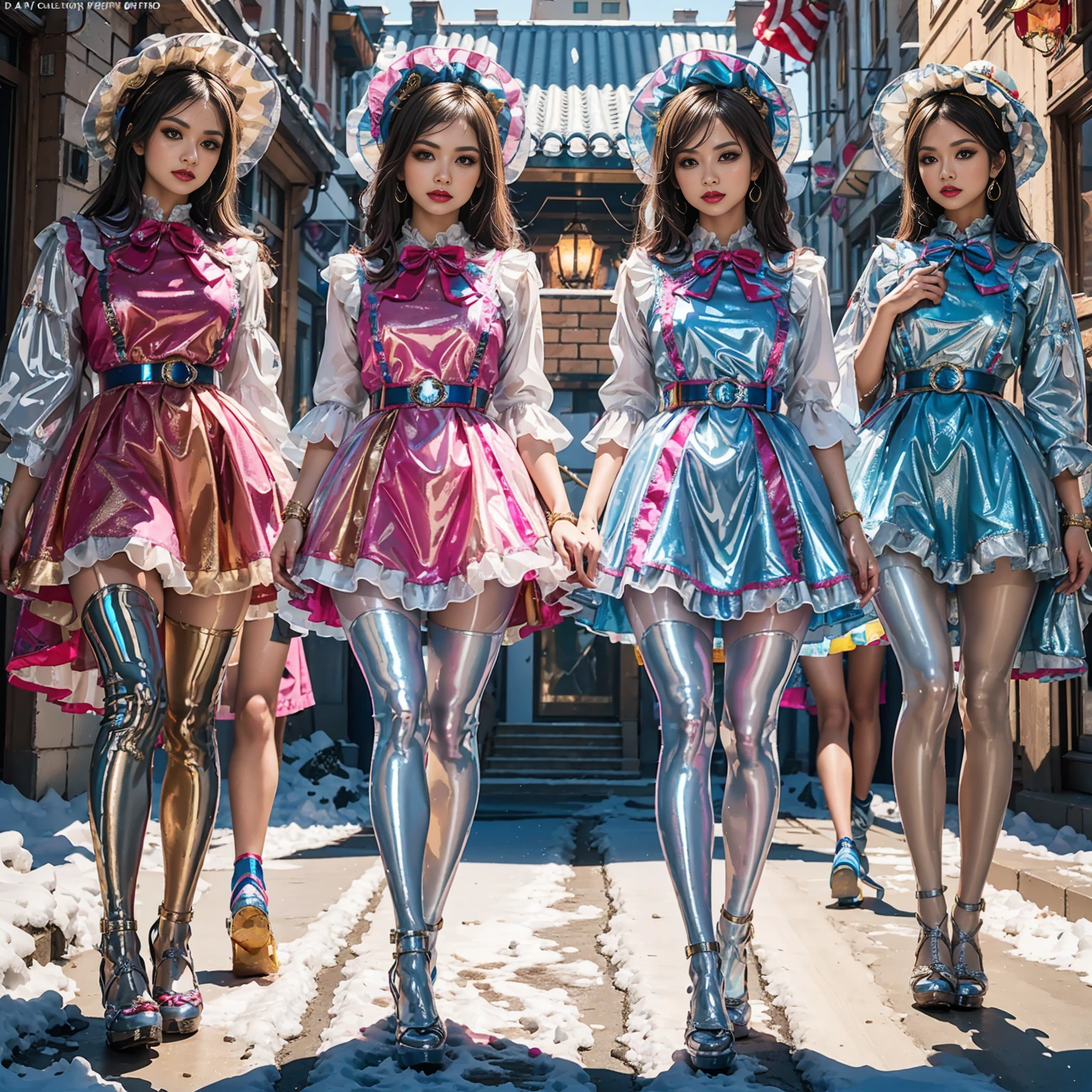 Model figure, long-legged woman, A woman in a luxurious and elaborate lolita dress, wearing lolita mary jane shoes with ornate details, patterned tights, (Glossy Reflecting collection), (Glossy Reflecting collection), (Oily shiny)), (Metallic clothes), (Metallic dress), (Metallic tights):1.2),standing on a snowy mountain, with reflective skin and reflective clothing, venusbody, full body shot, ray tracing, reflection light, chiaroscuro, UHD, masterpiece, anatomically correct, textured skin, super detail, high quality, 4K, highres