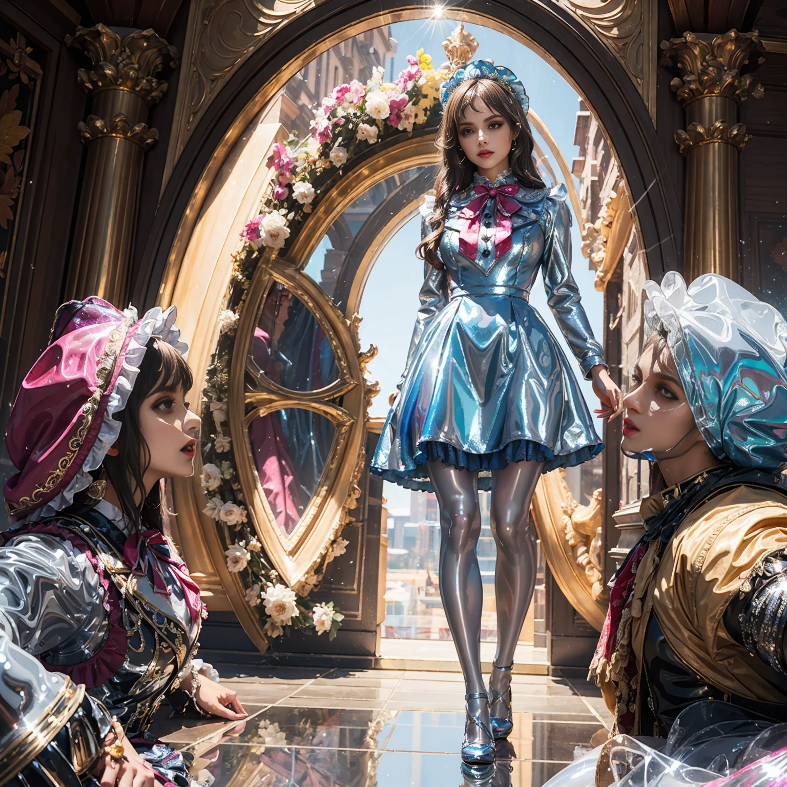 Model figure, long-legged woman, A woman in a luxurious and elaborate lolita dress, wearing lolita mary jane shoes with ornate details, patterned tights, (Glossy Reflecting collection), (Glossy Reflecting collection), (Oily shiny)), (Metallic clothes), (Metallic dress), (Metallic tights):1.2)，standing on a snowy mountain, with reflective skin and reflective clothing, venusbody, full body shot, ray tracing, reflection light, chiaroscuro, UHD, masterpiece, anatomically correct, textured skin, super detail, high quality, 4K, highres