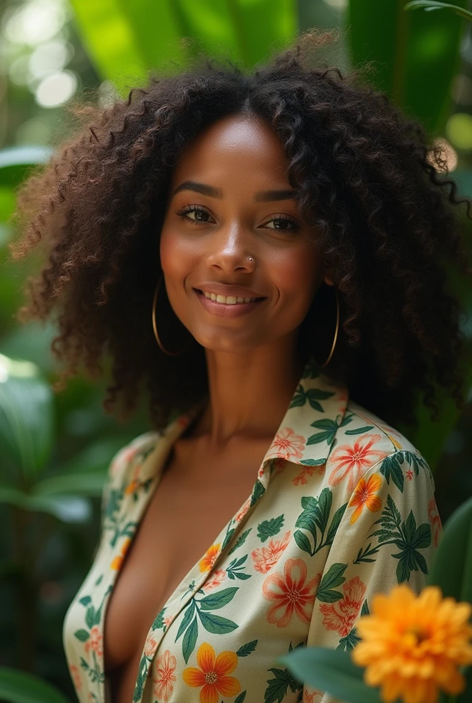 A Brazilian woman in a lush tropical garden, wearing an open shirt with a floral print, with a close-up capturing the harmonious beauty between her breasts and the natural flowers, showing off your natural charm and outgoing personality.