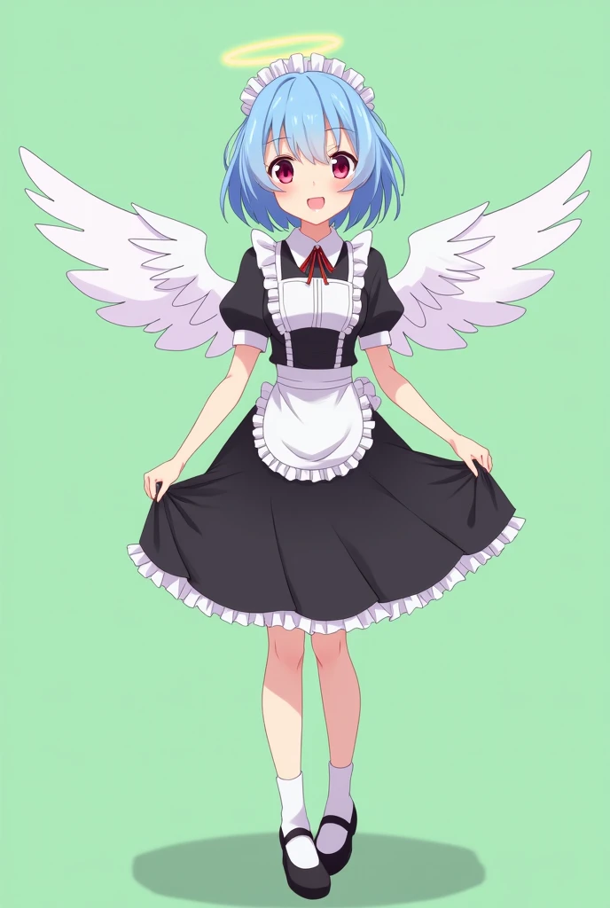 Maid cafe maid with short blue hair, Red eyes, a sensual and happy expression, age range between 18 and 26 years, with angel wings, black uniform, anime style completely in 2D, with pastel colors, with a completely flat and green background