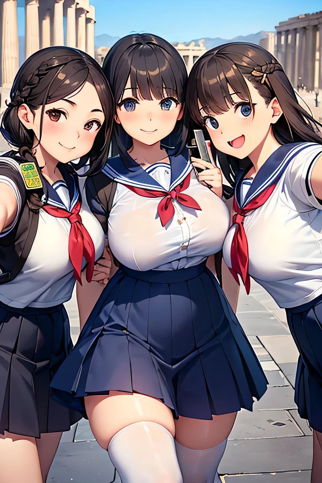 Highest quality、High resolution、Detailed Background、(Beautiful face in every detail:1.4)、Anatomically correct、(Normal number of fingers:1.2)、(Highly detailed face)、Detailed eyes、Teenage beauty、(Huge breasts:1.2)、Perfect body line、Brown Hair、Black Hair、Braided bob cut、ponytail、Wavy Hairstyle、well-groomed eyebrows、Shiny navy blue sailor suit、White sailor collar、Navy blue pleated skirt、School Cardigan、White Stockings、School trip、historical charm、History of Civilization、Ruins Spot、In a joking manner、A fun atmosphere、A big smile、smile、Cowboy Shot、
(Three people taking a selfie with a famous spot in the background:1.5)、
Parthenon temple、Beautiful architectural heritage that tells the story of ancient Greek civilization、cute