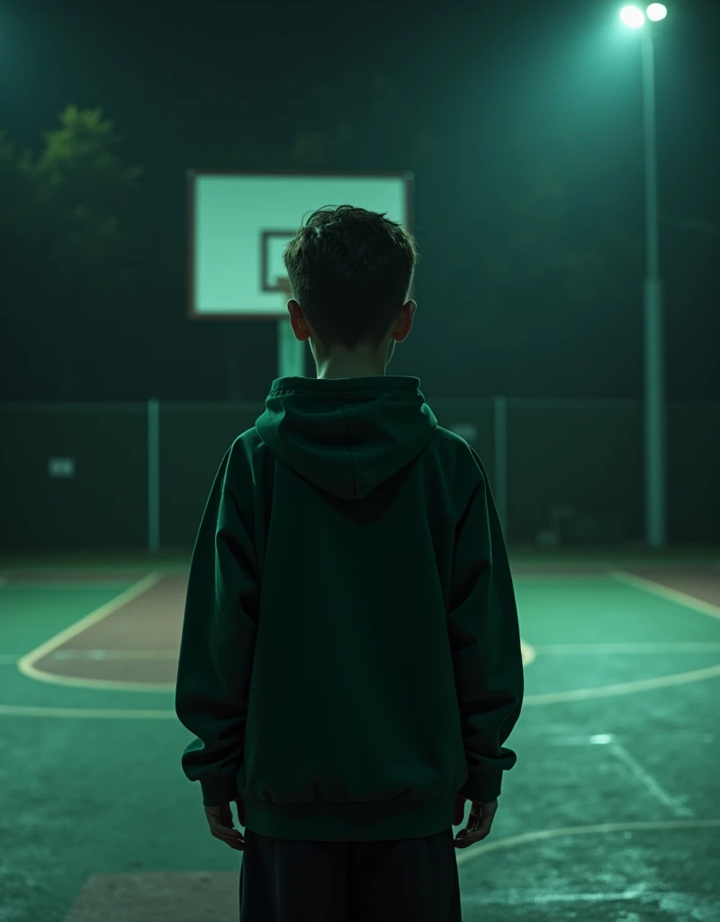 Boy from behind on a basketball court at night, with a dark green oversize.