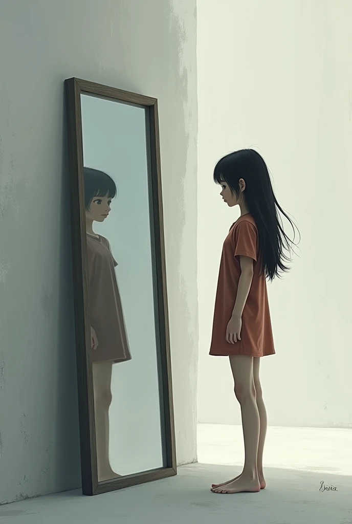 a mirror. On the left side there is a . On the right side a girl. This is to symbolize that the girl is turning