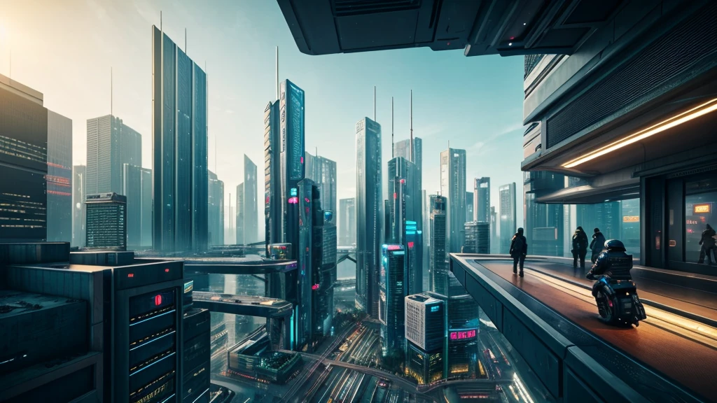 city building, outside, scifi, cyberpunk, futuristic, hightech, daylight, very cozy, much space, wide angle, realistic view, ambient light, chilled ambient, year 2124, cinematic
