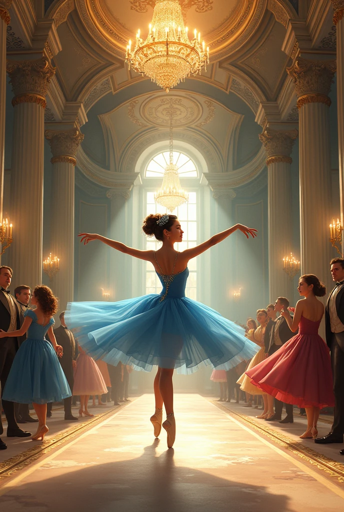 Make a 2D drawing where there is a ballerina in blue at a court ball
