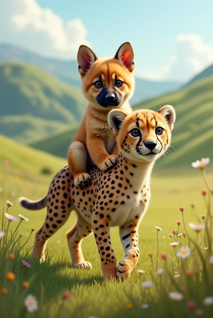Create an image of a small German Shepherd puppy riding a baby Cheetah