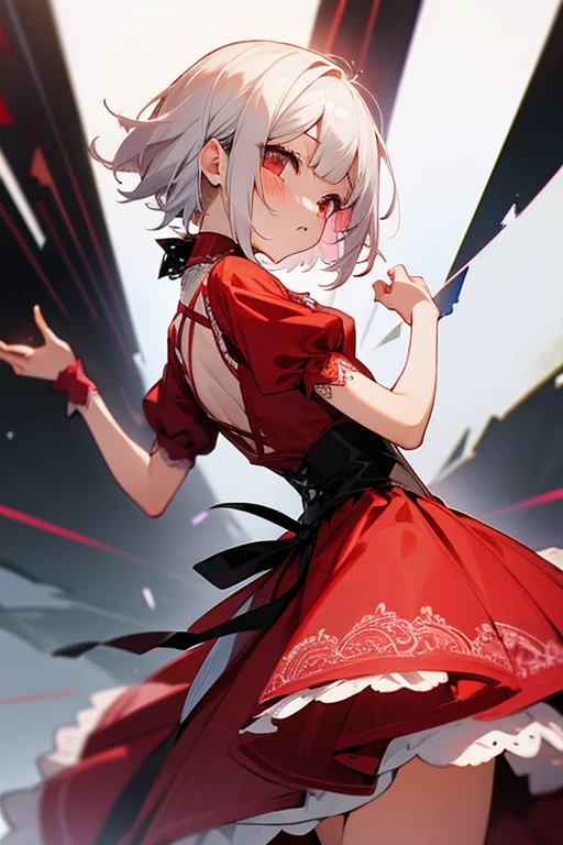 Short white hair, blush, Lace dress、Punk Fashion、Headbang 2.、Red clothes、