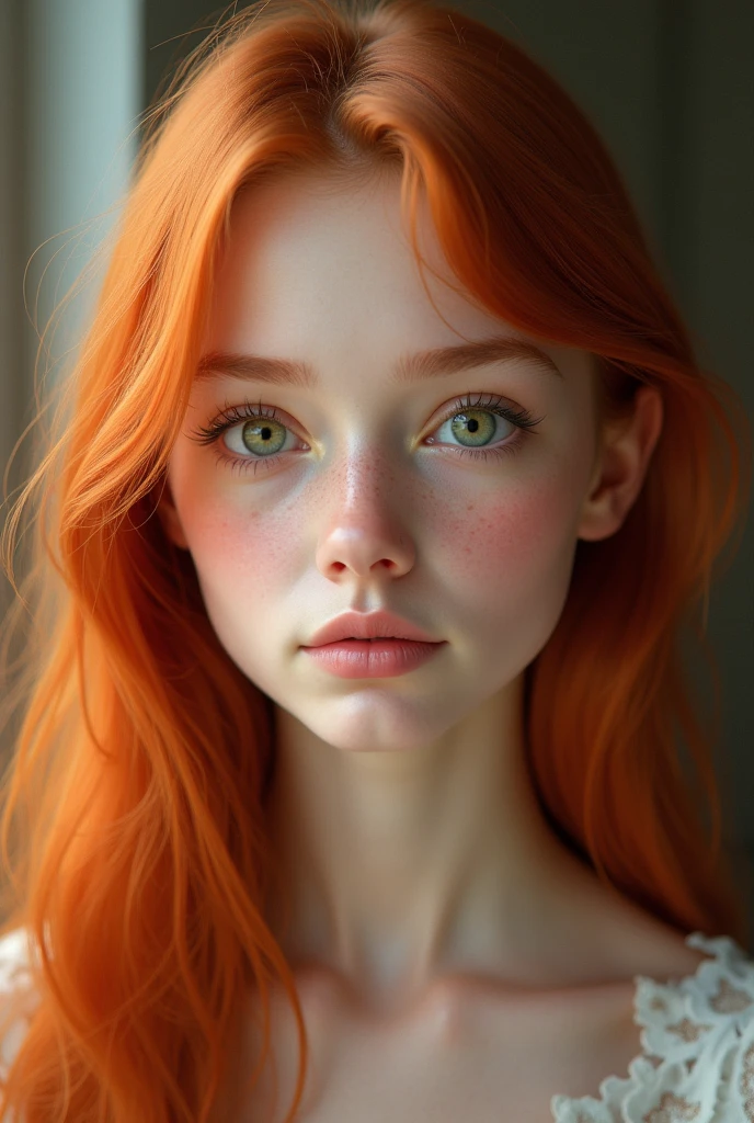 Girl, green eyes, inocent face, cute face, long hair, beautiful, [[realistic girl]], symmetrical face, photorealistic, red-haired girl, cute girl, 15 years, kawaii rusian, realistic, triangular face  , adolescent girl [[realistic]]