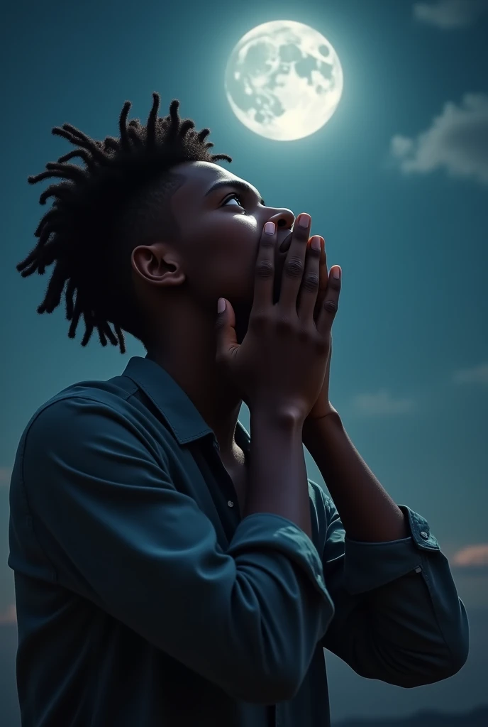 A young man with brown skin and hair in twist locks style with his hands covering his face and his head towards the moon