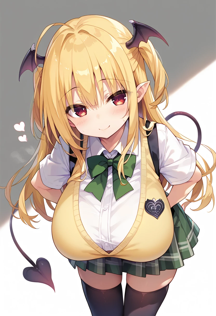 master peace, high quality, 1girl, solo, anime, mesugaki, succubus, hiyori-default, blond hair, green bowtie, yellow sweater vest, white shirt, short sleeves, green miniskirt, black thighhighs, ((succubus wing tail)), ((leaning forward)), ((gigantic breasts)), (((in heat)))