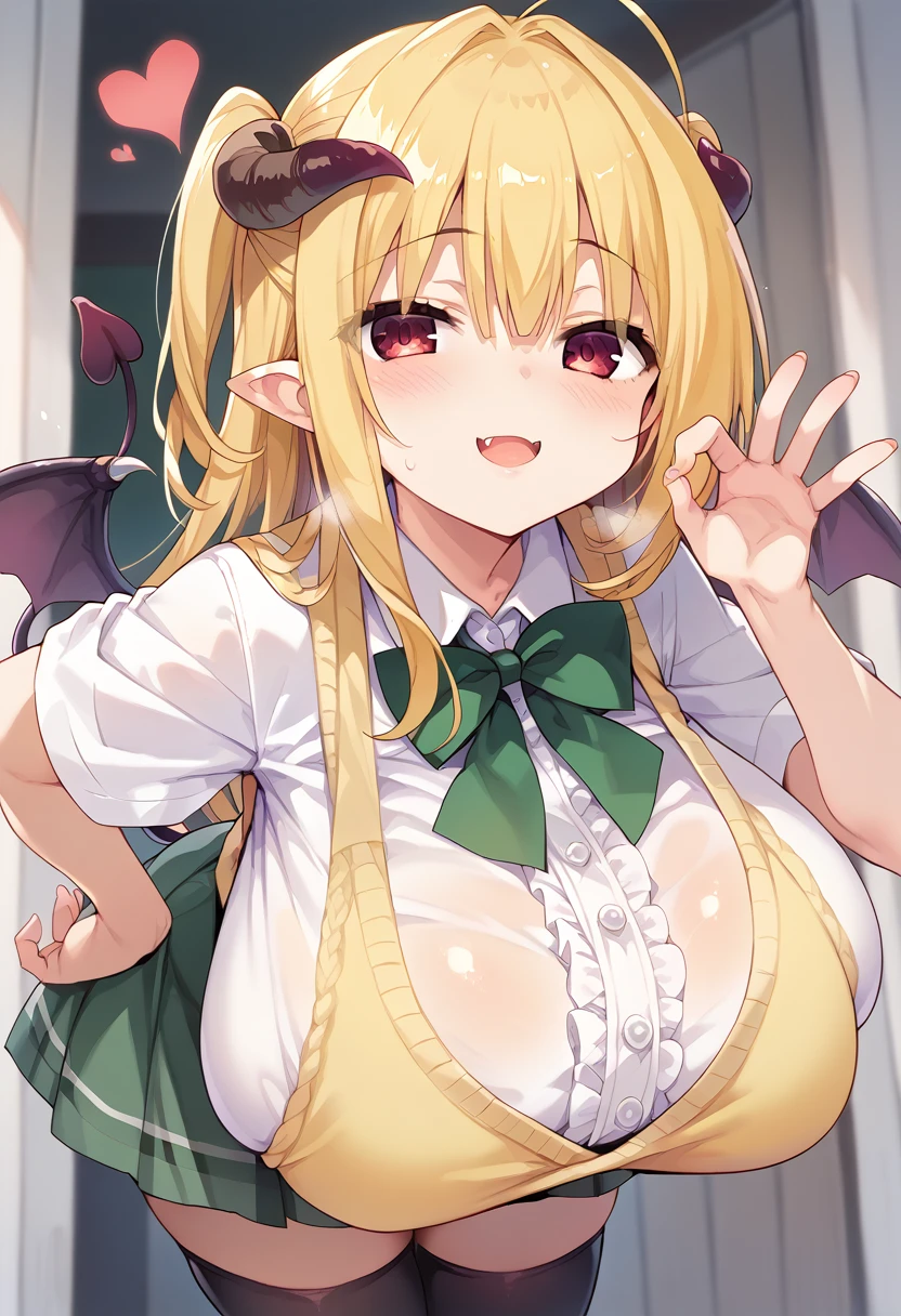 master peace, high quality, 1girl, solo, anime, mesugaki, succubus, hiyori-default, blond hair, green bowtie, yellow sweater vest, white shirt, short sleeves, green miniskirt, black thighhighs, ((succubus wing tail)), ((leaning forward)), ((gigantic breasts)), (((in heat)))