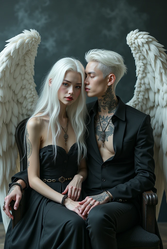 Girl and boy couple white hair perfect body setting on the chair and have tattoos with black t-shirt and necklace like a fairy face smooth skin pink lips and dark smoke background and big wings of an angel