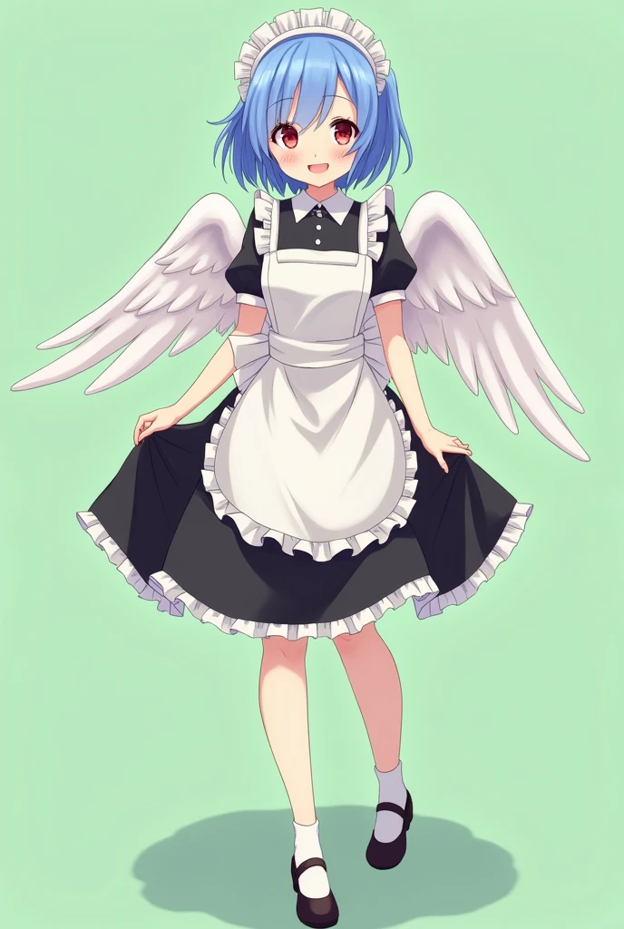 Maid cafe maid with short blue hair, Red eyes, a sensual and happy expression, age range between 18 and 26 years, with angel wings, black uniform, anime style completely in 2D, with pastel colors, with a completely flat and green background