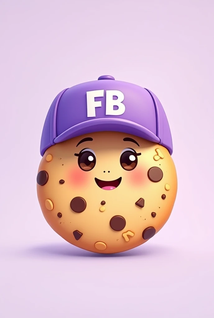 Full body cookie illustration type that is pretty, that is happy and has chocolate chips, that has a light purple cap that says FB in capital letters and has a light purple background