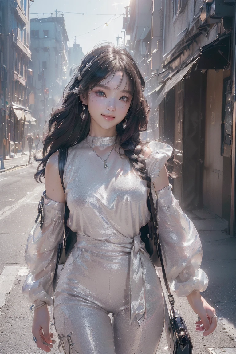 (((top-quality, 8K,超A high resolution、ultra-detailliert))),1girl in,female high-school student,a beauty girl,Street attire,(( t, silver pants, fashion little bag、big booty(( )、( light black hair,Colorful Extended Hair),perfectbody,skinny, Tied waist,Beautiful face, acurate, Anatomically correct, Highly detailed face and skin texture, Big eyes drawn in detail, Double eyelids, Thin eyebrows, Glitter Eyeliner: 1 Natural cheeks, Glossy skin, Fair skin: 1.2, (Glossy lips: 1.4),Highly detailed facial and skin texture, Detailed eyes, Double eyelids, Natural cheeks, , shiny lips: 1.4,Simple necklace and earrings,Smile and watch the viewer,Walking in the city,【Not blurry,profetional lighting,Professional effects、(masutepiece: 1.3), (max resolution: 1.2), (Ultra HDTV: 1.2),octanerender, Fujifilm X100, Intense cinematic shots, Shallow depth of field, Volumetric lighting, kintsugi,(8K、Raw photography、masterpiece:1.4)、(realisitic、Photorealsitic:1.37)、Shot with CineStill 800T、(Extreme top quality:1.3)、((depth of fields:))、absurderes、(超A high resolution、extremery detailed CG、hight resolution、realisitic、ultra-detailliert、a picture、A hyper-realistic、ultra-detailliert、Cinematic atmosphere、8K UHD、insanely detaileda、trending on artstationh、awardwinning photo、extremely detailed photo、hight resolution:1.5)】No tags or text
