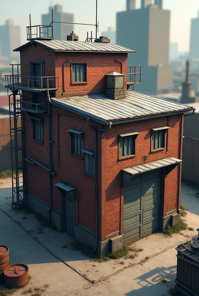 Small warehouse with brick walls and metal structure with zinc tiles