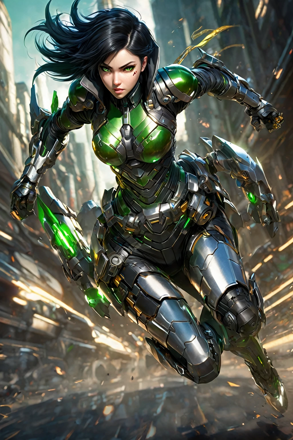 cyberpunk girl wearing a leather jacket, underneath the jacket a metallic exoskeleton armor, short hair, black hair, League of Legends VI style haircut, half human half cyborg, pretty girl, green eyes, full body view, frontal view, left hands are closed like a fist, action move, fight scene, punch power