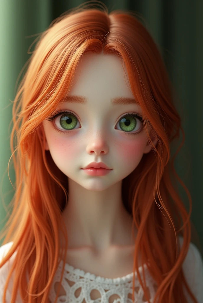 Girl, green eyes, inocent face, cute face, long hair, beautiful, [[realistic girl]], symmetrical face, photorealistic, red-haired girl, cute girl, 15 years, kawaii rusian, realistic, triangular face  , adolescent girl [[realistic]], 15 years