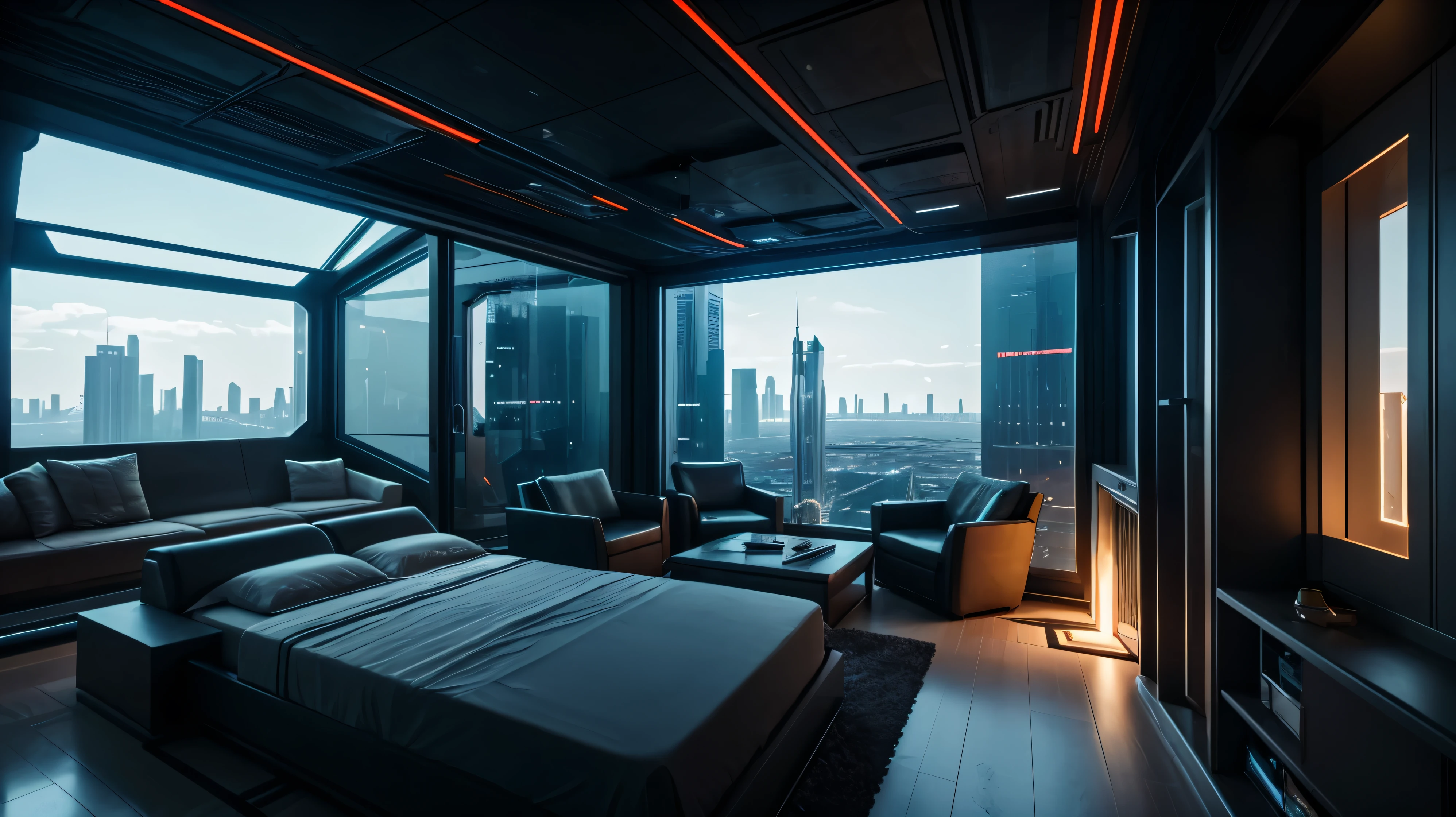 single city house, scifi, cyberpunk, futuristic, hightech, daylight, very cozy, much space, wide angle, realistic view, ambient light, chilled ambient, year 2124, cinematic