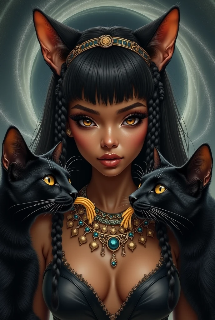 A sexy Egyptian Mulatto woman with cat ears half feline, braids in hair, two black cats next to each other, one of them with a piece of pasta in his mouth and a black hole in the background.
Realistic Image for Tattooing