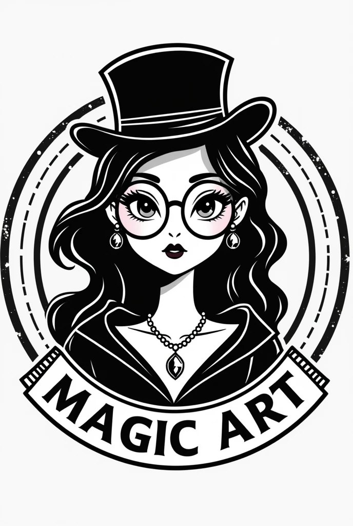 A company logo, round stamp type, have a cute and sexy magician with a magician hat (the round one), that the hat is not big. With black wavy hair but with white streaks in front of his head, from his forehead. With elegant oval glasses, with a necklace attached to her neck and a pendant with a precious stone. All this in black and white, that has a design designed to be printed. And that the words are all around "Magic Art"