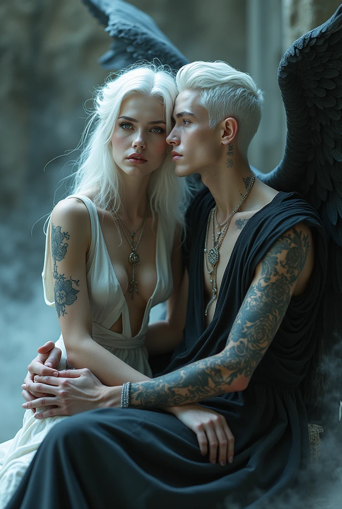 Girl and boy couple white hair perfect body setting on the chair and have tattoos with black t-shirt and necklace like a fairy face smooth skin pink lips and dark smoke background and big wings of an angel 
