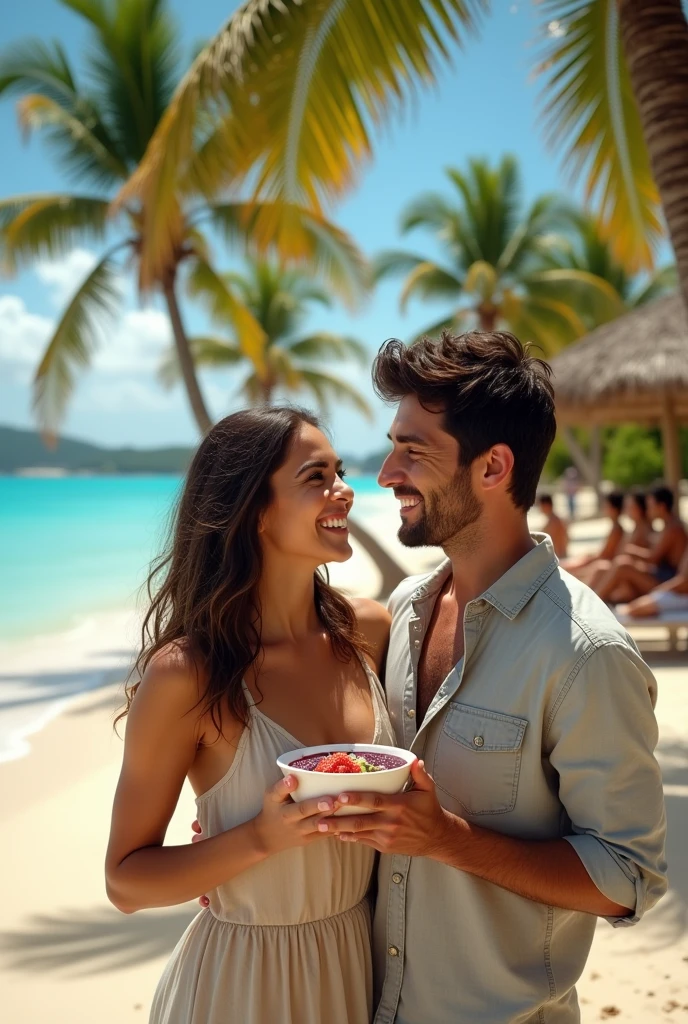 Realistic Man and Girlfriend 25-35 years old, On the Caribbean beach, black hair, brown eyes, eating acai , with friends Ultra HD, high qualiy, best qualityer, high resolution, 8k, 16K