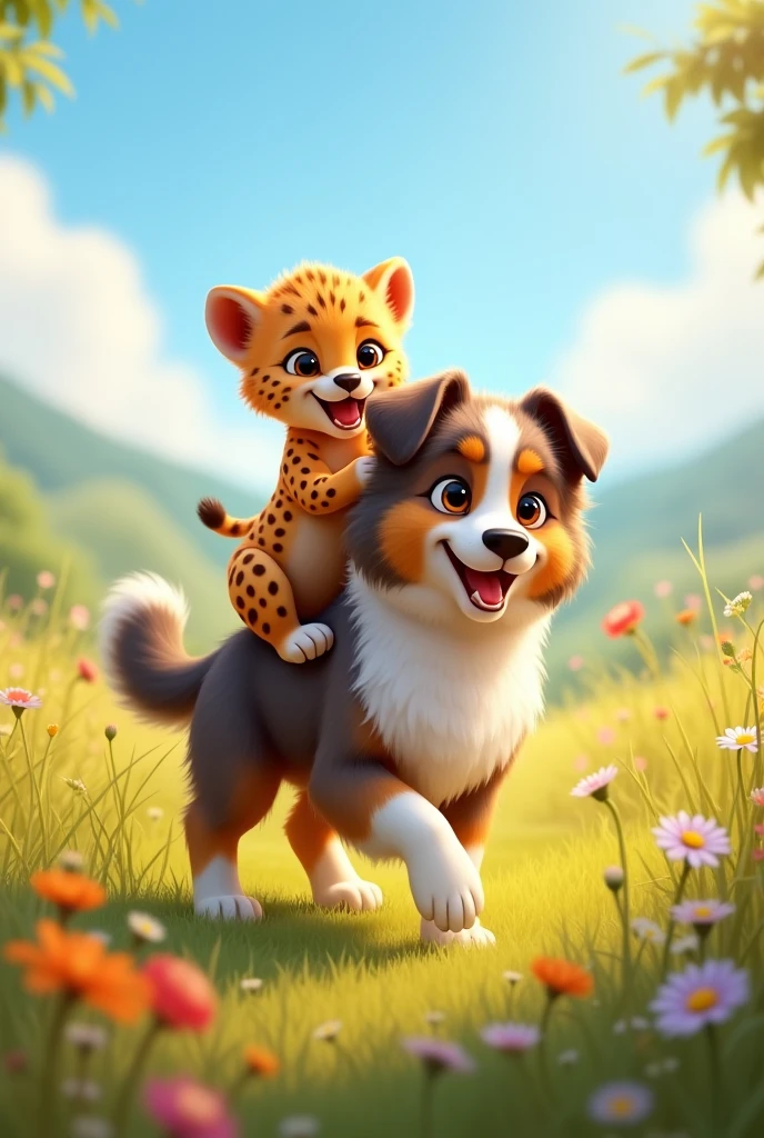 Create an image of a baby cheetah riding on an Australian Shepherd puppy